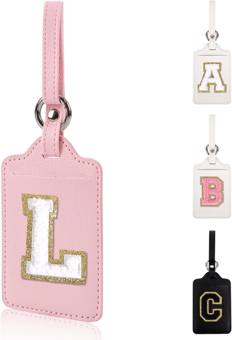 Personalized Initial Luggage Tags for Suitcases, Leather Chenille Letter Cute Luggage Tags with Privacy Name Card, Embroidered Travel Bag Backpack Tags Gifts for Women Kids Girls Teens(Pink-L)
