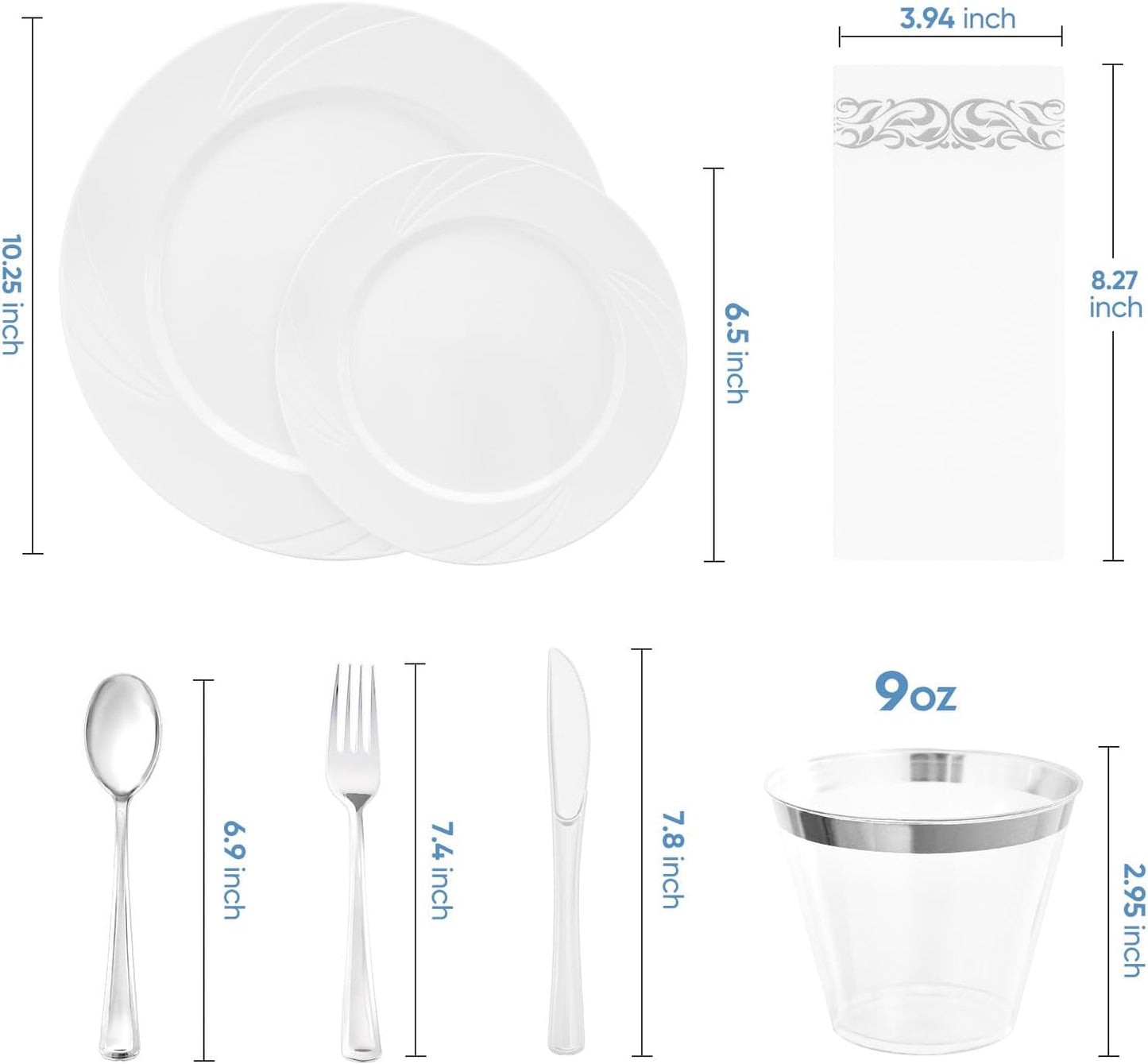 350-Piece White Swirls Plastic Dinnerware Set for 50 Guests, Elegant Disposable Dinnerware for Party, Wedding. Includes 10.25" Dinner Plates, 6.5" Dessert Plates, Silverware, Napkins, Cups