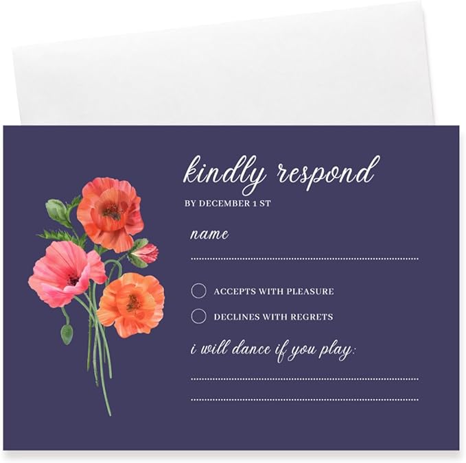 Personalized Wedding RSVP Cards On Glossy Thick Card With Envelope, Personalized Reponse, 5 x 3.5 Inches, Set of 15 Custom Cards with White Envelopes (Navy Blue)