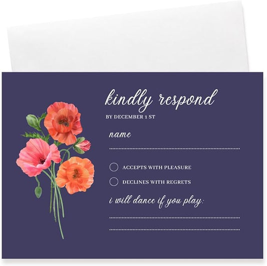 Personalized Wedding RSVP Cards On Glossy Thick Card With Envelope, Personalized Reponse, 5 x 3.5 Inches, Set of 15 Custom Cards with White Envelopes (Navy Blue)