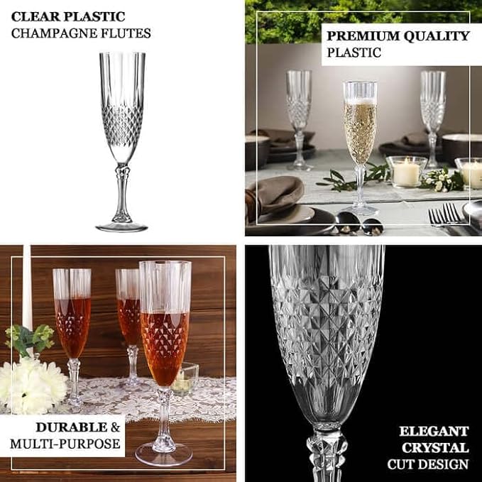 Efavormart 6-Pack Champagne Glasses, 8oz Shatterproof Plastic Crystal Cut Toast Flutes, Purple for Party Celebration Wedding