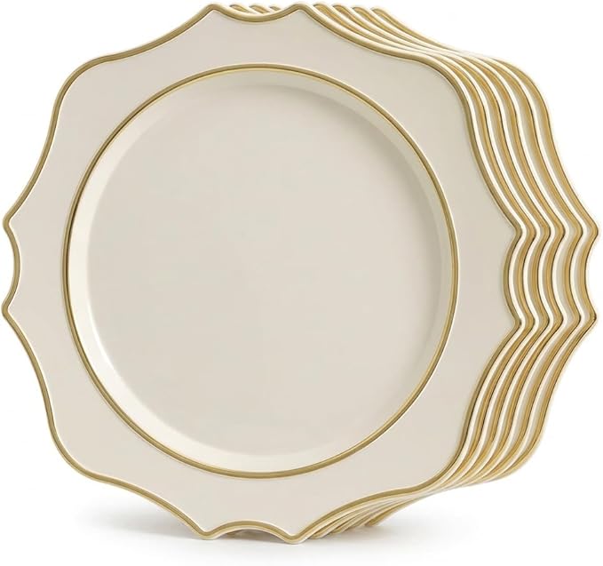 " OCCASIONS " 40 Pieces 13.25'' Scalloped Disposable/Reusable Plastic Charger Plates for Wedding, (Scalloped Imperial Ivory & Gold)