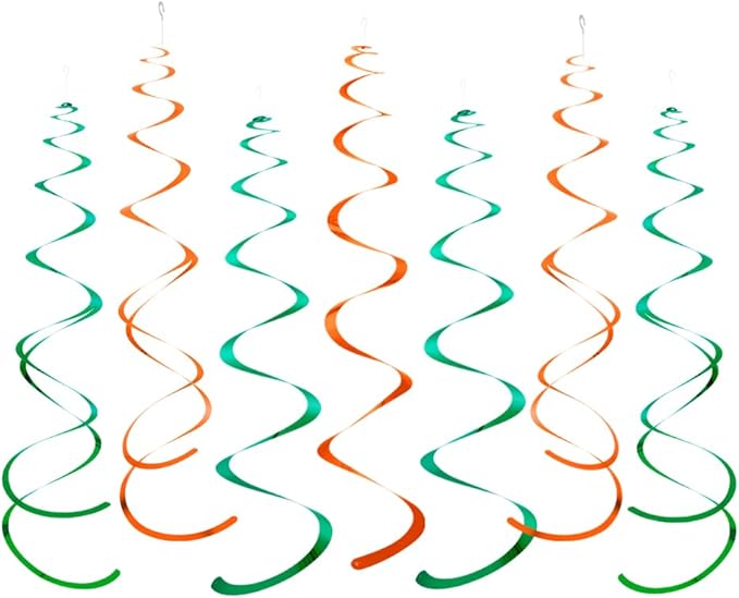 MOWO Orange and Green Foil Swirl Hanging Decoration Streamer for Birthday Graduation Summer Jungle Tropical Theme Party, Pack of 20