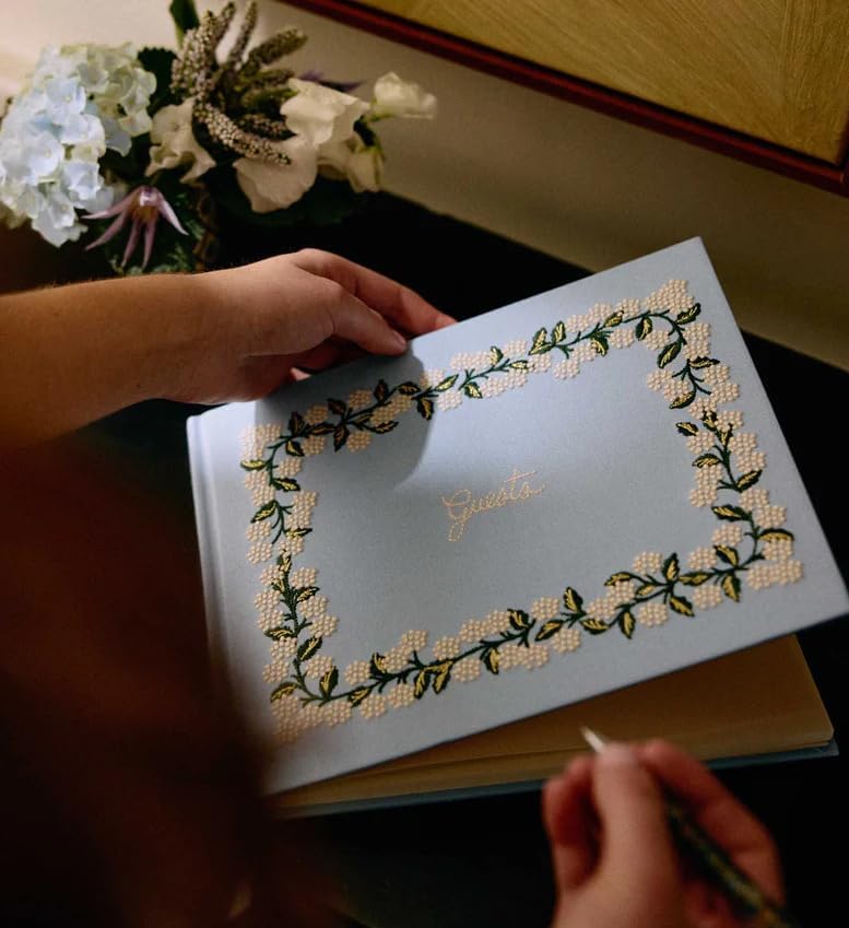 RIFLE PAPER CO. Hydrangea Embroidered Fabric Guest Book | Hard Cover Wrapped in Book Cloth & Ribbon Bookmark, (144 Ruled Pages Metallic Gold Ink, 10.25" W × 8.25" L)
