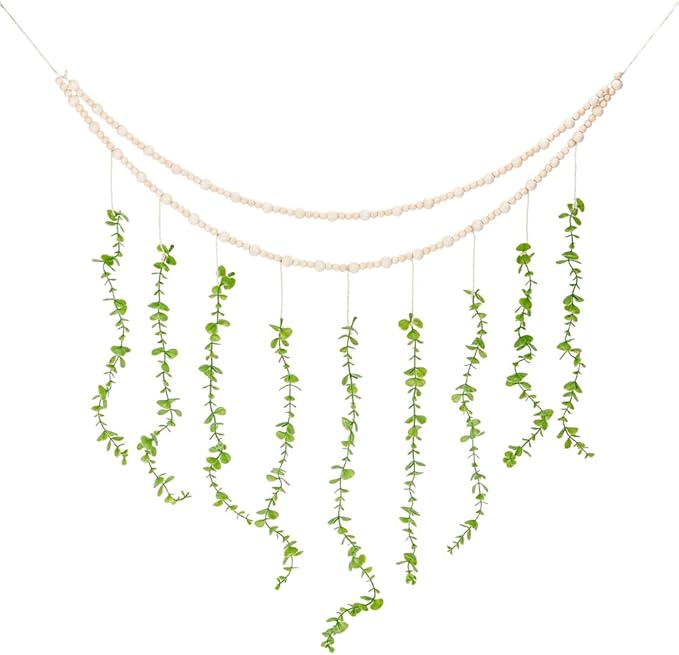 arricraft Hanging Eucalyptus Boho Wall Decor, Lime Green Artificial Eucalyptus Leaf Wall Hanging Decorations with Wooden Beads and Jute Cords for Living Room Bedroom Kitchen Decoration, 52 Inch