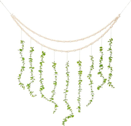 arricraft Hanging Eucalyptus Boho Wall Decor, Lime Green Artificial Eucalyptus Leaf Wall Hanging Decorations with Wooden Beads and Jute Cords for Living Room Bedroom Kitchen Decoration, 52 Inch