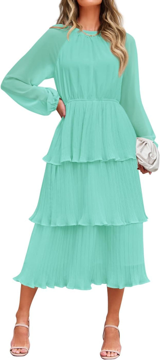 ZESICA Women's 2025 Long Sleeve Crew Neck Ruffle Tiered Layered Chiffon Flowy Swing Long Midi Dress