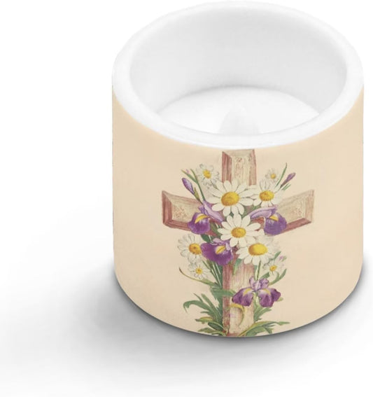 Poceacles 4 Pack Flameless LED Candles with Remote Timer, Multi-Color Battery Powered Flameless Tealights for Living Room Bedroom Home Decor, Cross Daisy Violet Flower Beige