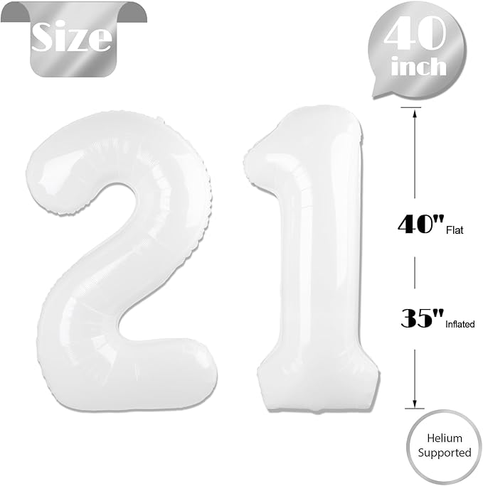 White Number 21 Balloon 40 inch, 21 Number Balloons, 21st White Birthday Decorations for Women Men, 21 Year Old Party Supplies