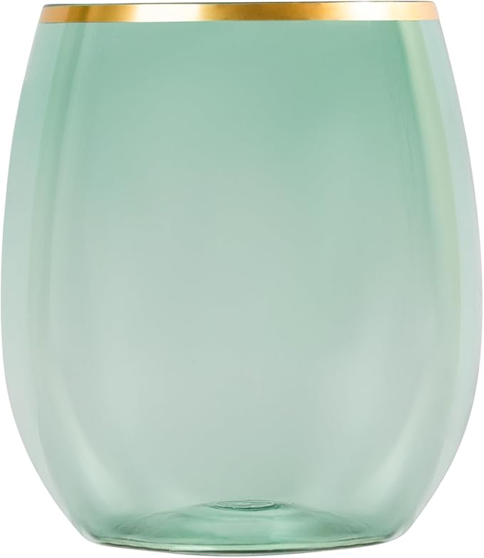 PLASTICPRO 12 Pack Green With Gold Rim Plastic Wine Glasses Stemless Disposable 12 oz BPA Free Shatterproof Plastic Wine Cups Wine Glasses for Parties