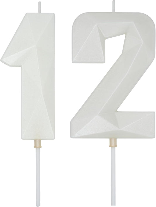 DERVENTA Large Birthday Candle Number 3D White 3.7 inch Party Celebration Anniversary Decoration Cake Topper 1 Piece (Number 12 White)