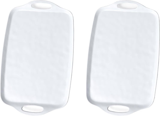 Large Serving Tray Set of 2 – 19 x 12 Inch White Rectangular Melamine Trays with Handles – Durable Plastic Food Serving Tray for Snacks, Meals, Parties, Outdoor & Indoor Use
