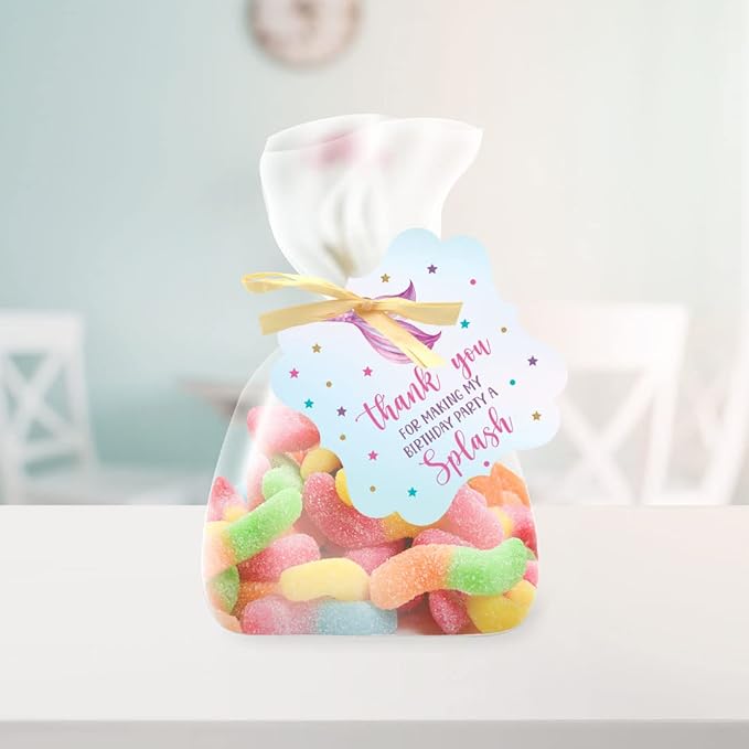 Andaz Press Fancy Frame Kids Party Favor Thank You Tags with String, 48-Pack Mermaid Birthday Gift Tags for Gift Bags, Favor Bags, Goody Bags, Girls Mermaid 1st Birthday Party Favors Hanging Tags