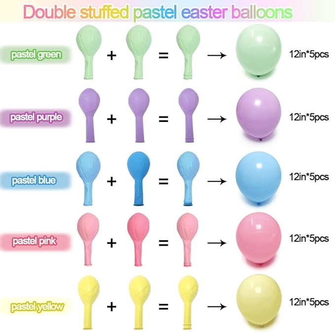 Easter Balloons Arch Kit Double Stuffed Pastel Balloons with Bunny, Carrot & Egg Foil Balloon Easter Banner and Colorful Fringe Curtain for Easter Birthday Baby Shower Spring Party Decoration