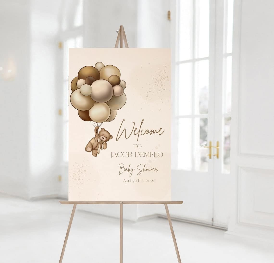 Personalized Teddy Baby Shower Welcome Sign - Welcome to Baby Shower Sign, Gender Neutral Brown Balloon Bear Baby Shower Sign
