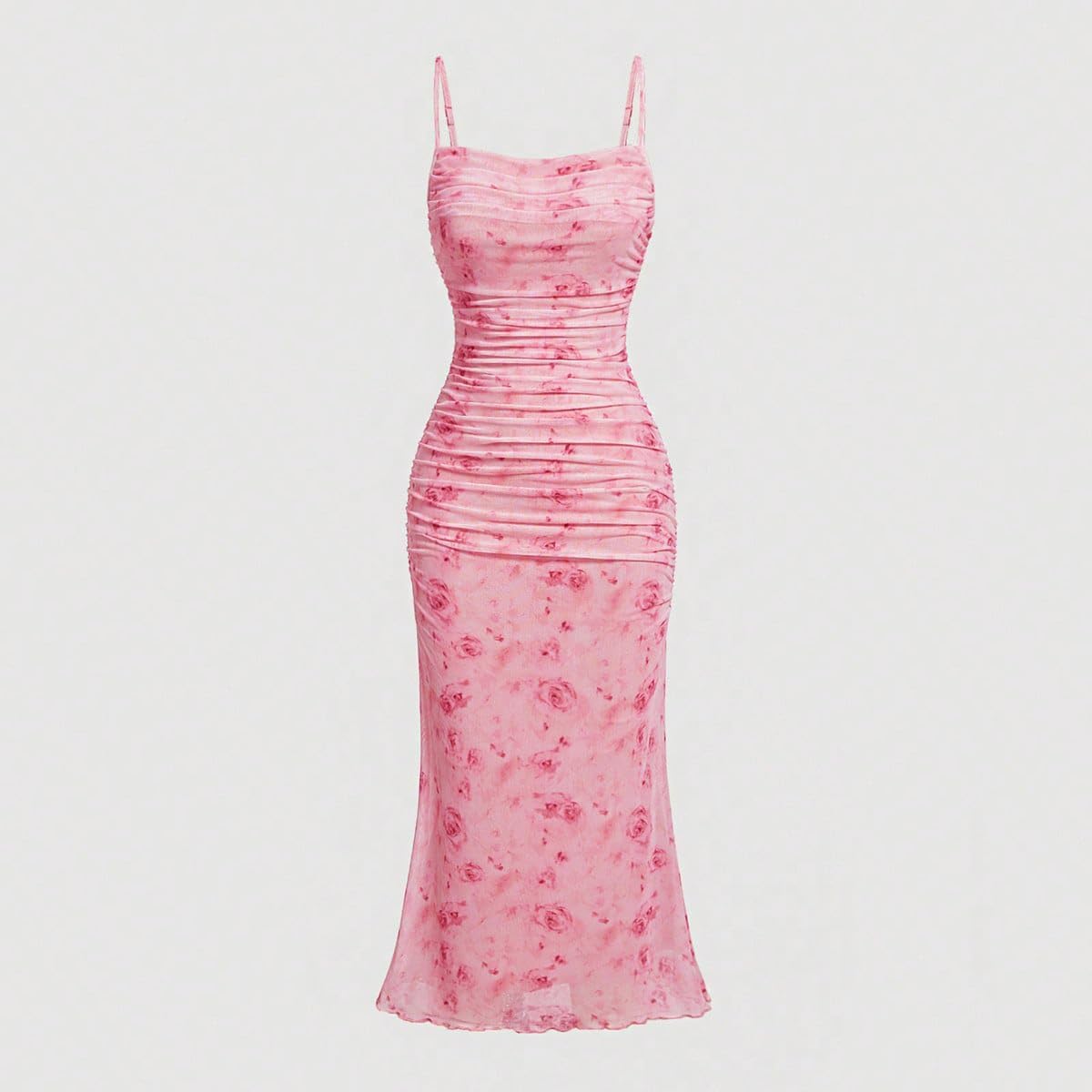 GORGLITTER Women's Floral Ruched Bodycon Midi Dress Mesh Sleeveless Fishtail Cami Dresses