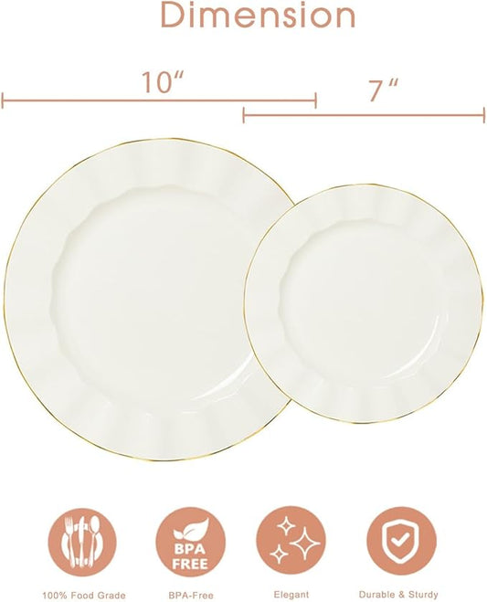 HIGH END 100 Pcs Ivory Wave Plastic Plates with Gold Trim, Fancy Disposable Plate Sets Include 50 Dinner & 50 Dessert Plastic Plates, Elegant Disposable Plate Set For Party, Thanksgiving (50 Guests)