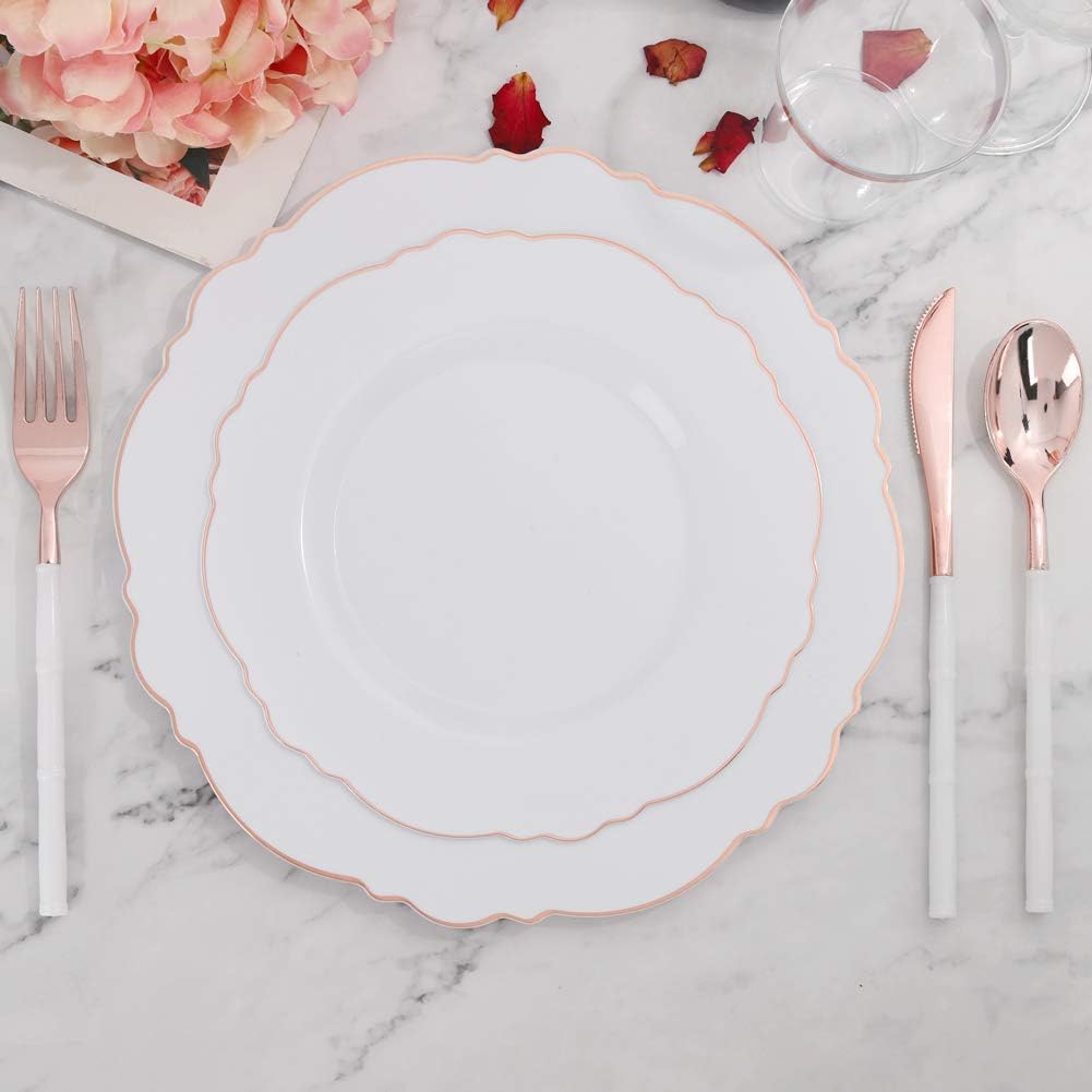 WDF 60pcs Rose Gold Plastic Plates-Baroque White &Rose Gold Disposable Plates including 30Plastic Dinner Plates 10.25inch, 30 Salad Plates 7.5inch for Wedding & Parties