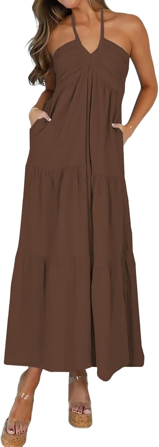 Women's Casual Halter Tiered Vacation Maxi Dress with Pockets