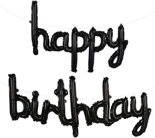 TONIFUL Black Happy Birthday Balloons Banner, 16 Inch Mylar Foil Script/Cursive Letters Birthday Sign Banner Balloon Reusable Material for Girls Boys Kids & Adults Birthday Decorations