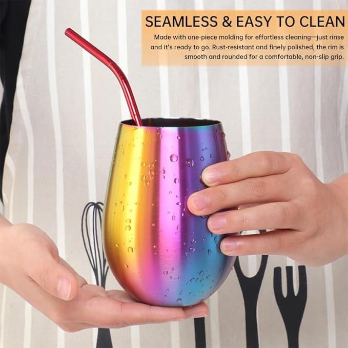 Buyer Star 304 Stainless Steel Wine Glasses Set of 4 - Large 17 oz Outdoor Stemless Wine Tumblers - 100% Unbreakable & Stemless Metal Drinking Cups for Home and Outdoors Dishwasher safe (Rainbow)