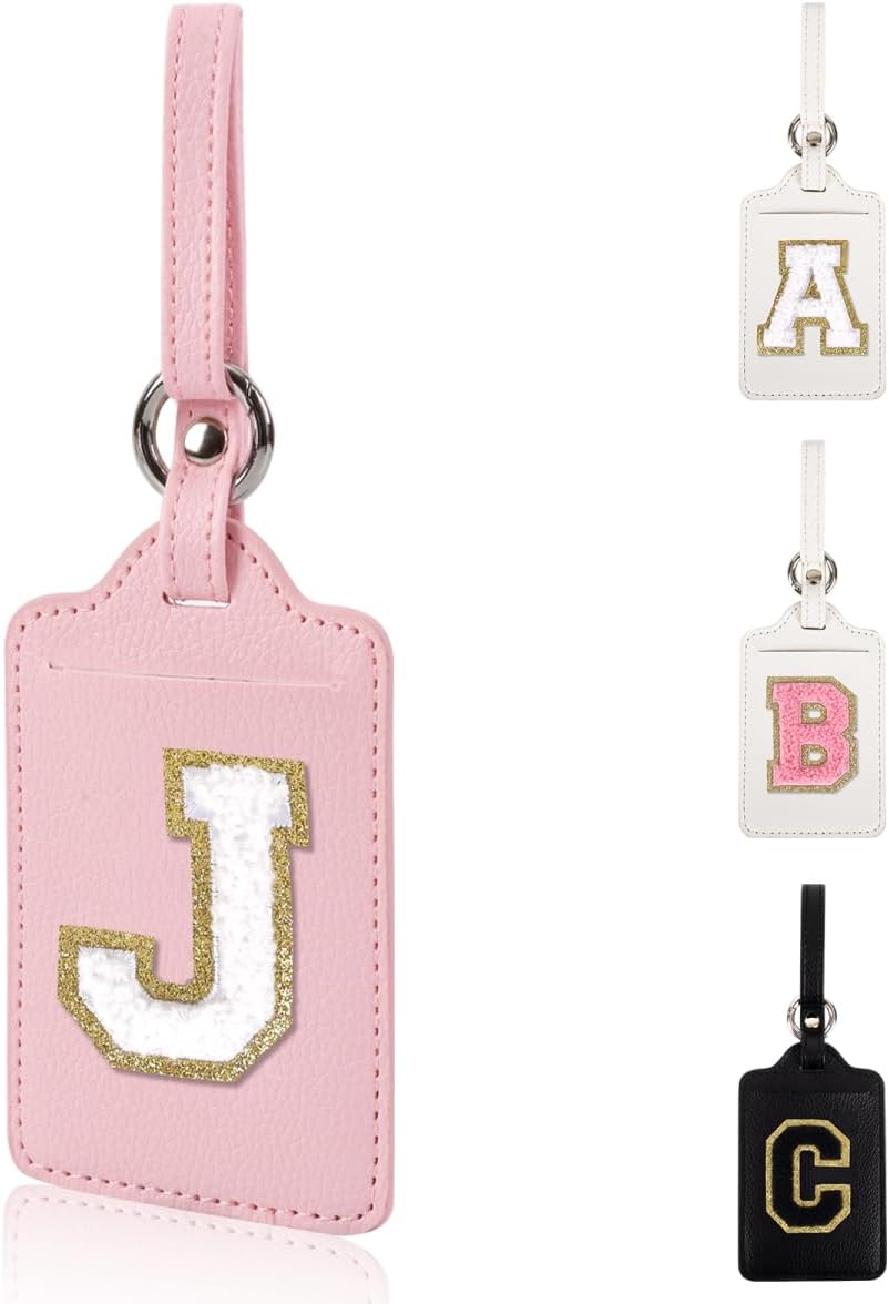 Personalized Initial Luggage Tags for Suitcases, Leather Chenille Letter Cute Luggage Tags with Privacy Name Card, Embroidered Travel Bag Backpack Tags Gifts for Women Kids Girls Teens(Pink-J)