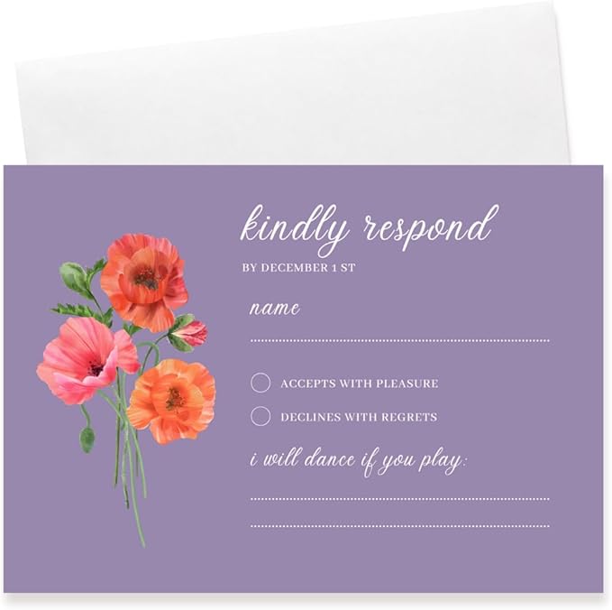 Personalized Wedding RSVP Cards On Glossy Thick Card With Envelope, Personalized Reponse, 5 x 3.5 Inches, Set of 15 Custom Cards with White Envelopes (Purple)