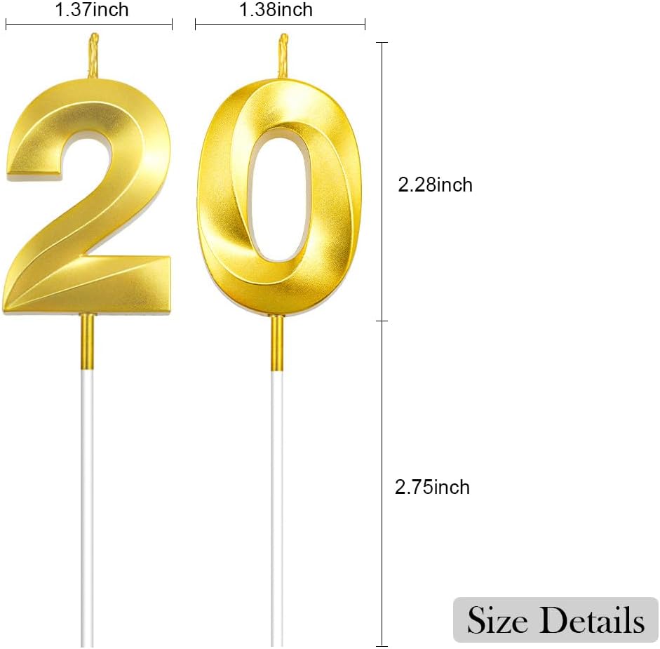 20th Birthday Cake Topper, Gold 20 Birthday Candle, 2 0 Candles 20th Birthday Cupcake Party Favor Happy Birthday Party Decorations Birthday Candle for Cake Sparklers Birthday Gifts