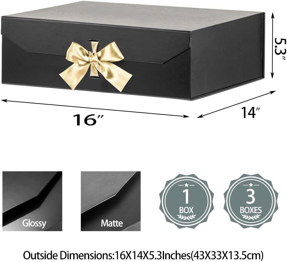 Black Extra Large Gift Box 16x14x5.3 Inches With Ribbon and Magnetic Lid Closure, Groomsman Proposal Box, Rectangle Collapsible Boxes for Large Gifts (Matte Black)