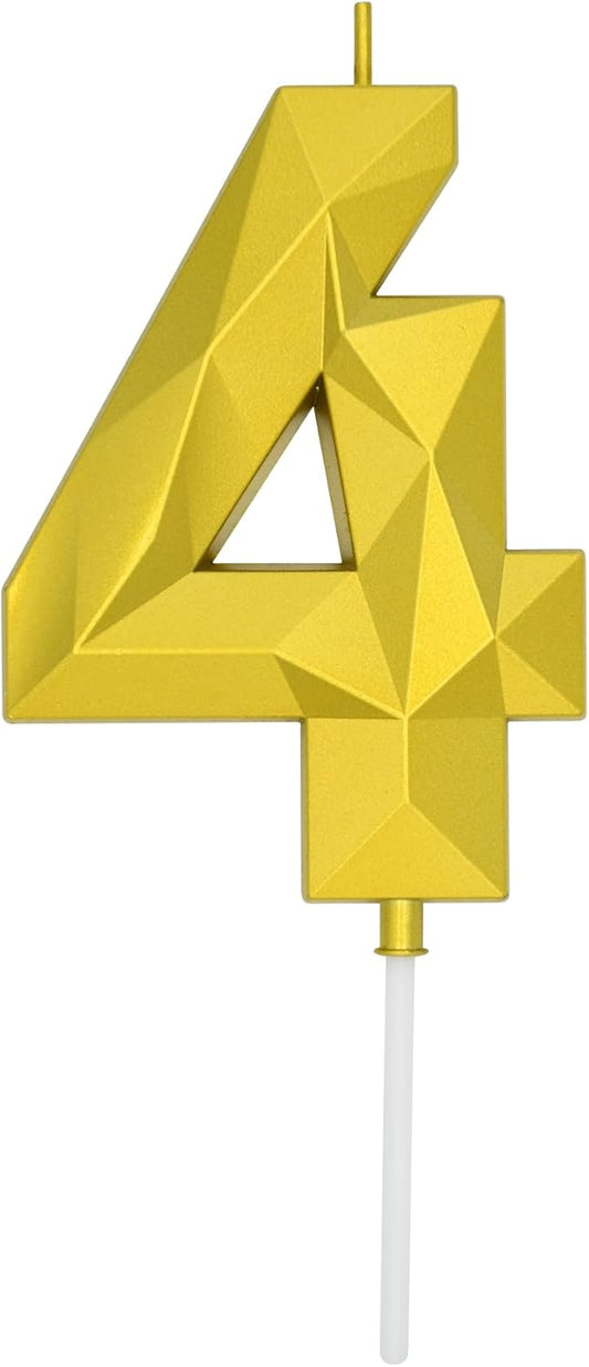 DERVENTA Large Birthday Candle Number 3D Gold 3.7 inch Party Celebration Anniversary Decoration Cake Topper 1 Piece (Number 4 Gold)