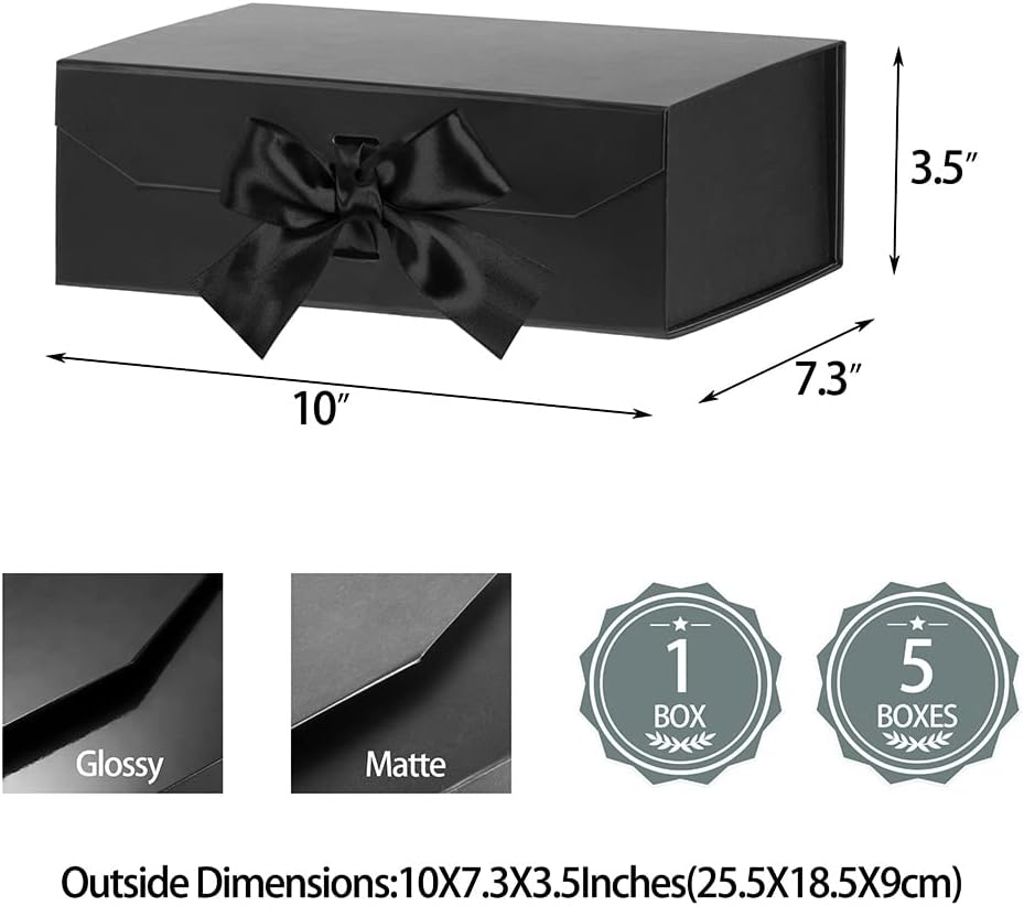Black Gift Boxes with Lids 10x7.3x3.5 Inches, Decorative Gift Boxes with Ribbons, Black Boxes with Lid Magnetic Closure, Groomsman Boxes (Matte Black)