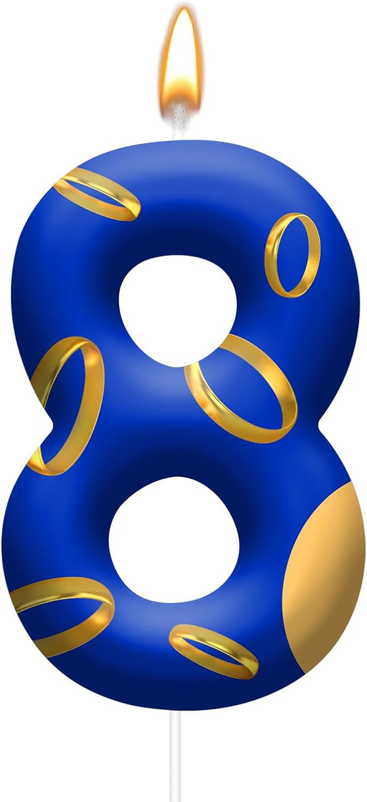 Birthday Cake Candles - Blue and Golden Ring Number Candles with Vibrant Designs for Boys & Girls, Theme Birthday Party Decorations,Cake Toppers for Theme Parties(Number 8)