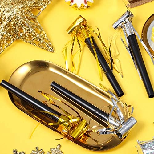 Sumind 36 Pieces Party Blower Noisemakers Party Squawkers Blowouts Whistles Fringed Noise Maker in Gold and Silver Musical Blowouts for Birthday Supplies