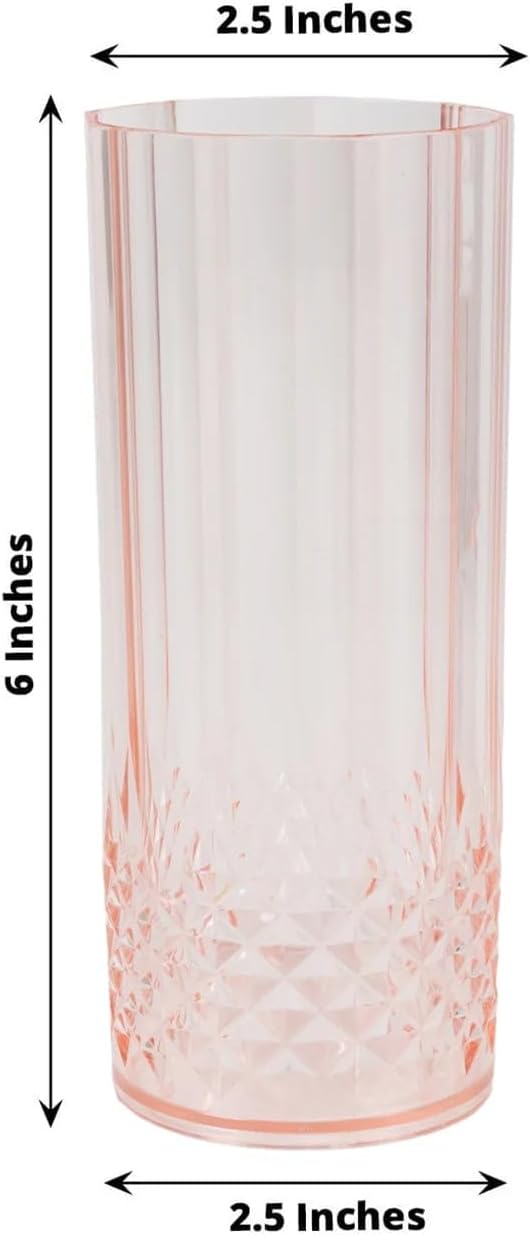 Efavormart 6-Pack Plastic Highball Glasses, 14oz Shatterproof Crystal Cut Drink Glasses for Kitchen Mojito Whiskey Cocktail, Transparent Blush
