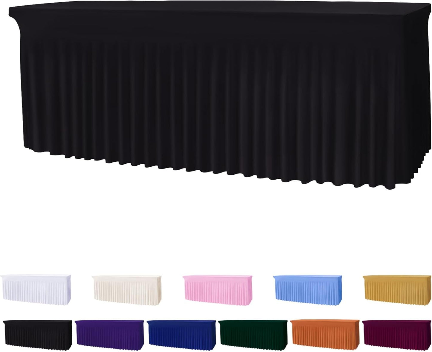 Table Skirts for 8ft Rectangle Tables - 1PCS Black Table Covers for 8 Foot Tables, Wrinkle Resistant Ruffles Elastic Table Cloths and Table Skirt for Banquets/Weddings/Parties/Birthday