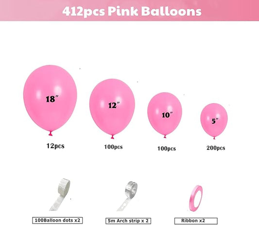 412pcs Pink Balloon Arch Kit 18 12 10 5 Inch Different Sizes pink balloon arch for Valentine's Day Birthday Baby Shower Gender Reveal Wedding Party Decorations
