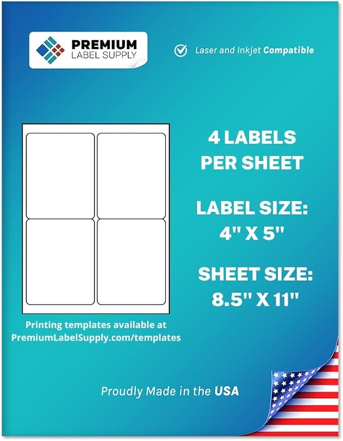 Premium Label Supply White Sticker Shipping Labels – 4" x 5" – Laser/Inkjet Compatible – (4 per Sheet), 25 Sheets - 100 Total Adhesive Labels