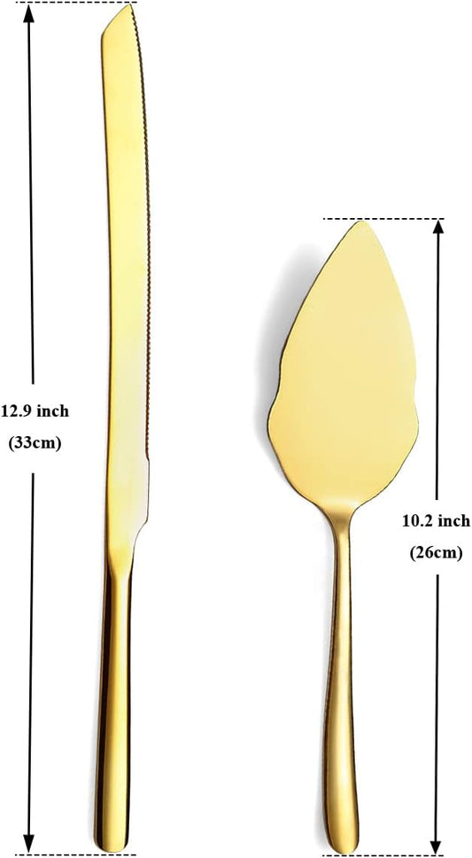 Gold Wedding Cake Knife and Server Set, Stainless Steel Cake Cutting Set, Include Cake Cutter and Cake Server for Parties, Activities, Family, Dishwasher Safe (Shiny Gold)