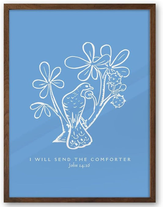 EcoHest Walnut Color OAK Wood Jesus Framed Wall Art, 12x16in John 14:16 I Will Send The Comforter Bible Verse Christian Wall Art, Blue Bedroom Decor For Living Room Bathroom Christian Gift 1Pack