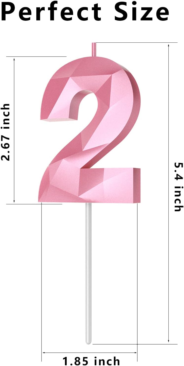 Number Birthday Candles(2 Candle Pink) 3D Diamond Shape 2nd Happy Birthday Cake Topper Decorations for Girl Women Birthday Wedding Anniversary Celebration Theme Party Supplies