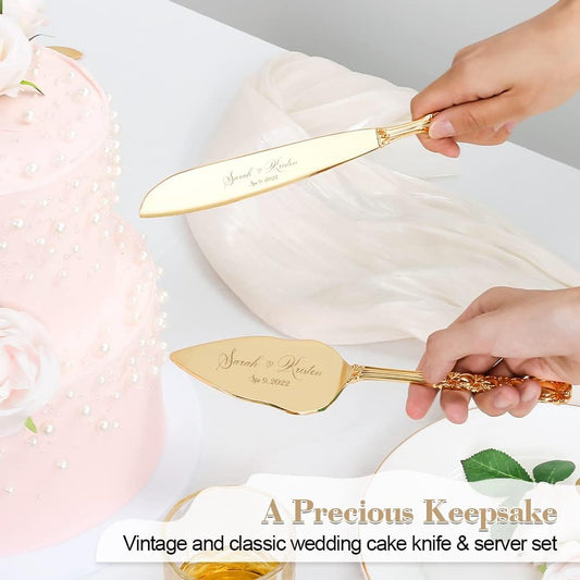 Wedding Cake Knife and Server Set, Personalized Gold Cake Cutting Set for Wedding, Engraved Classic Cake Knives Cutter Set, Pie Server, Birthday Bridal Quinceañera Gift (CUS-Bow)