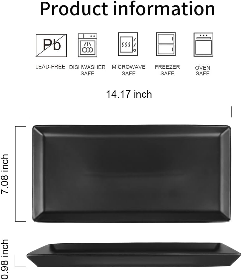 Ceramic Serving Tray, 14 Inches Large Serving Platter, Rectangular Serving Tray, Porcelain Serving Plates, Ceramic Serving Dishes for Dinner, Party, Sushi, Dessert, Food, Set of 4 (Matte Black)