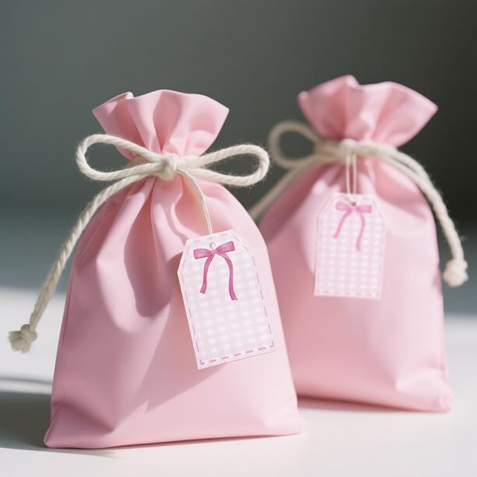 ASYEHJNR 100Pcs Coquette Pink Bow Gift Tags with String Pink Buffalo Plaid Large Gift Tag with 65Ft White String Paper Gift Tag for Coquette Bow Baby Shower Birthday Bachelorette Wedding Gift Wrap Tag