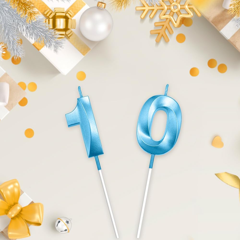 Number 10 Candle 10th Birthday Decorations for Boys - 2 Blue Birthday Candles (Number 1 & 0) - Modern, Odorless, Non-Toxic, Smokeless - Perfect for Birthdays, Anniversaries & Parties