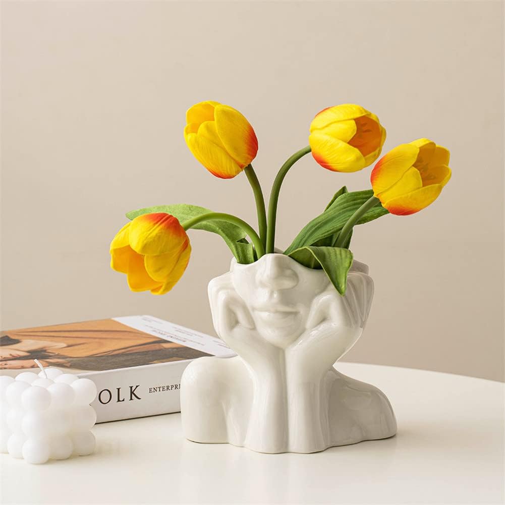 White Ceramic Face Vase, Female Form Head Half Body Bust Vases Boho Feminist Minimalism Decorative Modern Nordic Style Flower Vase for Home Living Room Office Book Shelf Decor (Large)