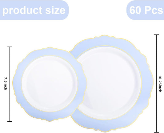 WDF 60pcs Blue Plates Disposable With Gold Rim - Baroque Baby Blue Plastic Party Plates for Wedding/Party/Baby Shower