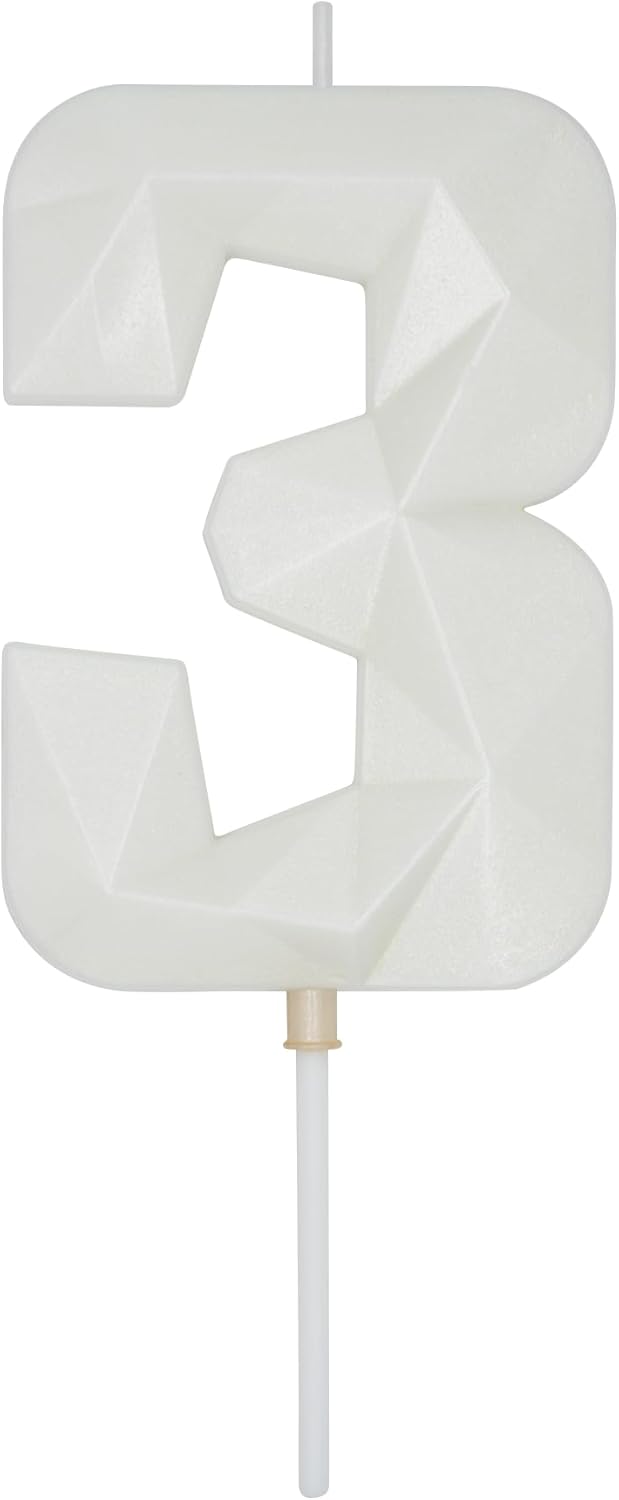 DERVENTA Large Birthday Candle Number 3D White 3.7 inch Party Celebration Anniversary Decoration Cake Topper 1 Piece (Number 3 White)