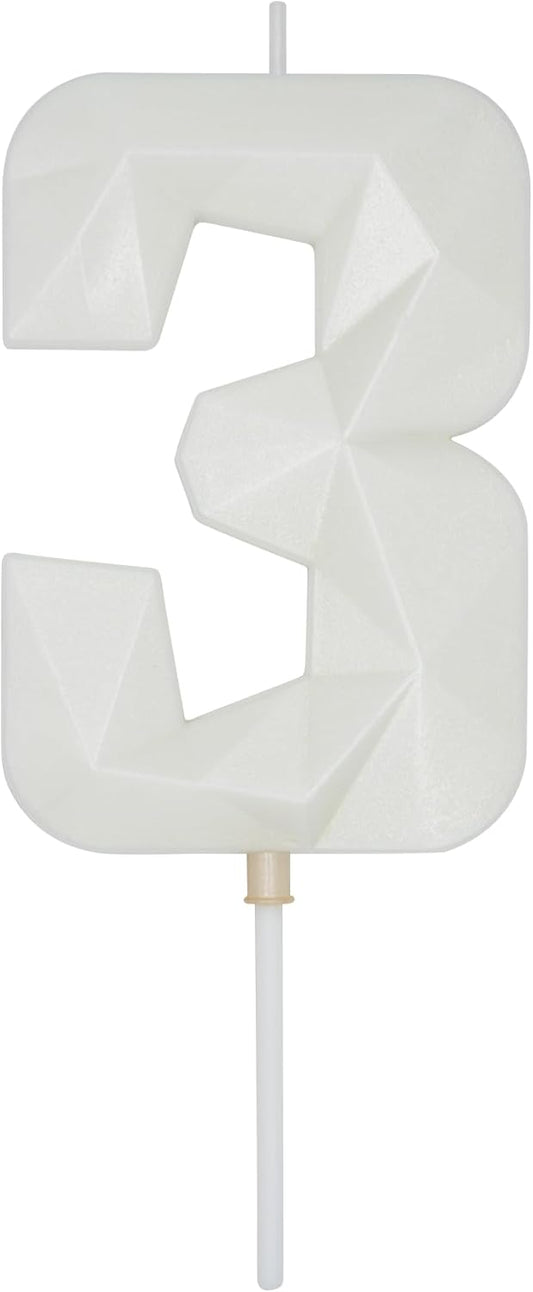 DERVENTA Large Birthday Candle Number 3D White 3.7 inch Party Celebration Anniversary Decoration Cake Topper 1 Piece (Number 3 White)