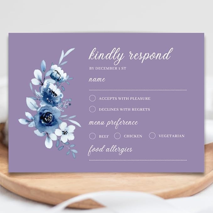 crafty-bell Glossy Finish Personalized Wedding RSVP Response Cards with White Envelopes, Blue Floral Design, 15 Count Respond Cards in Glossy Finish (Purple)