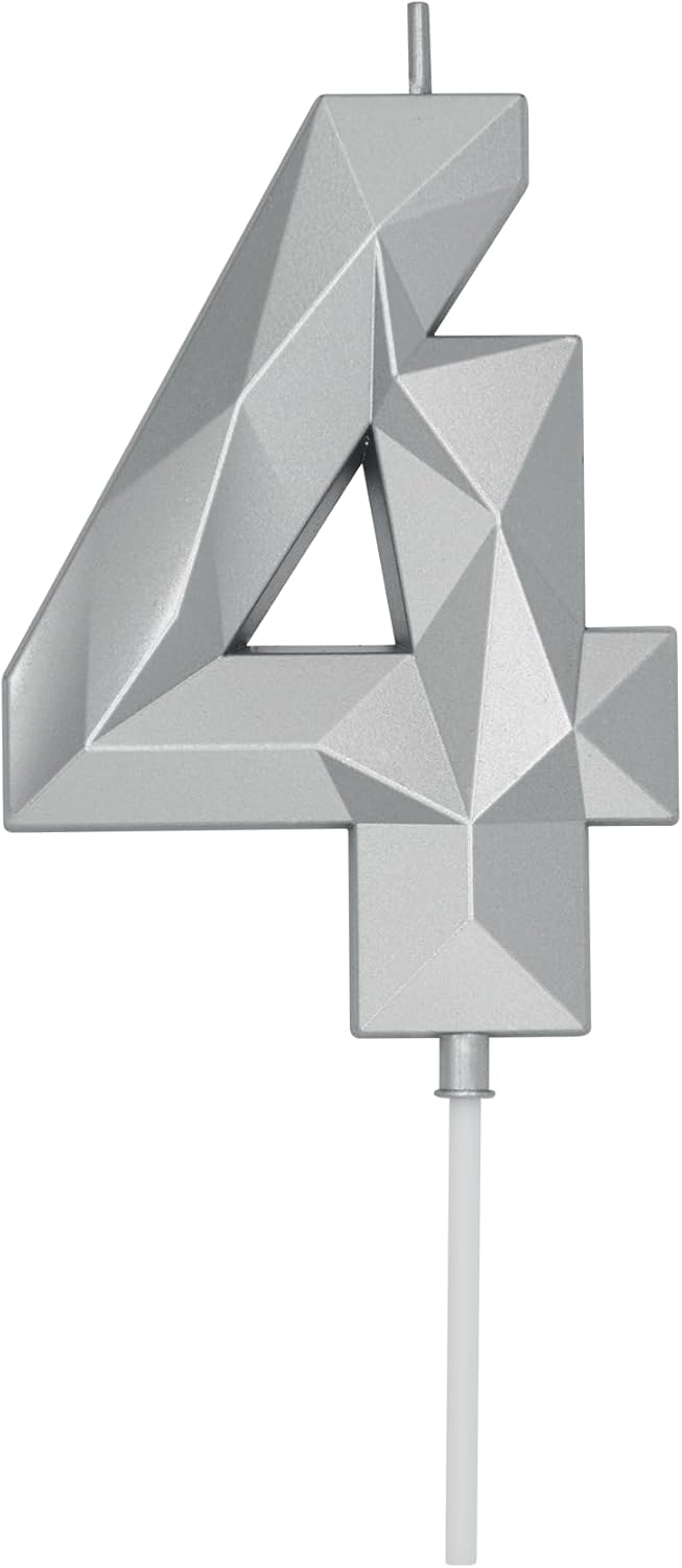 DERVENTA Birthday Candle Big Number 3D Silver 3.7 inch Party Celebration Anniversary Decoration Cake Topper 1 Piece (Number 4 Silver)